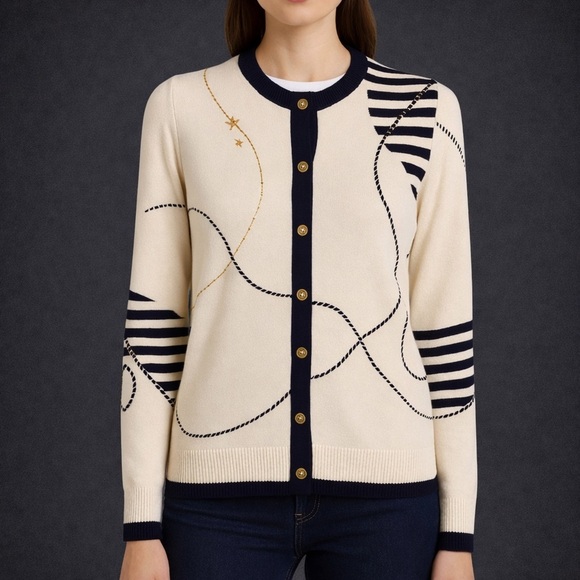 St John Sport Sweaters - St John Sport Cream and Navy Nautical embellished Women's Cardigan